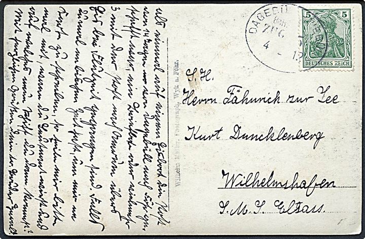 5 pfg. Germania på brevkort (Isskruninger på Föhr) annulleret med bureaustempel Dagebüll - Niebüll Bahnpost Zug 5 d. 4.2.1912 til søofficer ombord på SMS Elsass i Wilhelmshafen. Interessant meddelelse vedr. postbefordring med isbåd fra Dagebüll til Föhr.