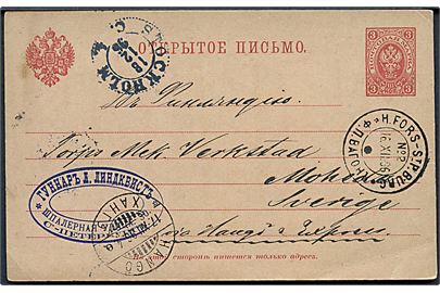 3 kop. helsagsbrevkort fra St. Petersborg annulleret med bureaustempel H.Hors - St.P.Burg d. 16.12.1896 via Hangö til Sverige.