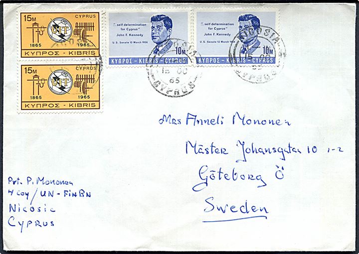 Cypern 10 m. Kennedy (2) og 15 m. UIT (2) på brev fra Nicosia d. 15.10.1965 til Göteborg, Sverige. Sendt fra finsk FN-soldat i H Coy / UN - FINBN, Nicosia, Cypern. Revet på bagsiden.