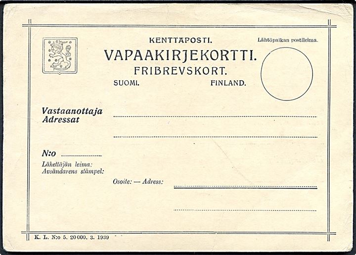 Ufrankeret Fribrevskort fra militærhospital 1 Sota SII ved KpK 16 d. 20.3.1940. Ikke postalt anvendt.