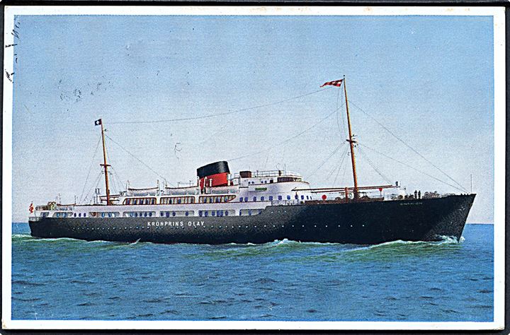 20 øre Chr. X på brevkort (M/S Kronprins Olav, DFDS) dateret i Oslo og annulleret København d. 23.9.1947 med skibsstempel Fra Norge til København.