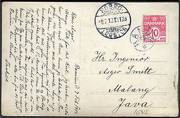 10 øre Bølgelinie på brevkort (Ranum seminarium i sne) annulleret med stjernestempel RANUM og sidestemplet bureau Hobro - Løgstør T.1128 d. 8.2.1913 til Malang, Java, Hollandsk Ostindien.