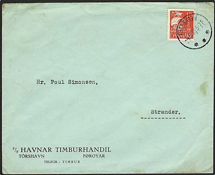15 øre Karavel på brev fra Thorshavn d. 4.6.1930 til Strænder.