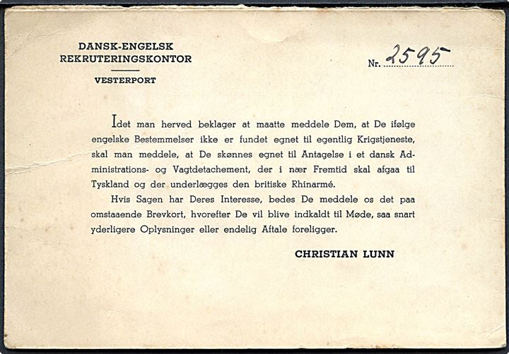 5 øre Bølgelinie på spørgedel af dobbelt brevkort fra Dansk-Engelsk Rekruteringskontor, Vesterport stemplet København d. 25.10.1945 til Glostrup.