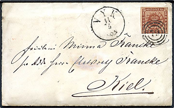 4 sk. 1858 udg. på brev med langt indhold fra Wyk på Föhr annulleret med nr.stempel 79 og sidestemplet antiqua Vyk d. 11.5.1861 til Kiel.
