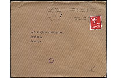 20 øre Løve på brev fra Moss d. 30.6.1945 til Svedala, Sverige. Lille violet neutral norsk efterkrigscensur på forsiden.