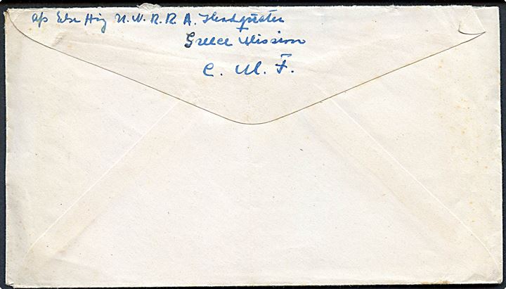 Britisk 10d George VI på frankeret feltpostbrev fra dansk hjælpearbejder Else Høy ved UNRRA Hq, Greece Mission, C.M.F. annulleret med britisk feltpoststempel FIELD POST OFFICE 782 (= Prevesa, Grækenland) d. 8.12.1945 til Hellerup, Danmark.