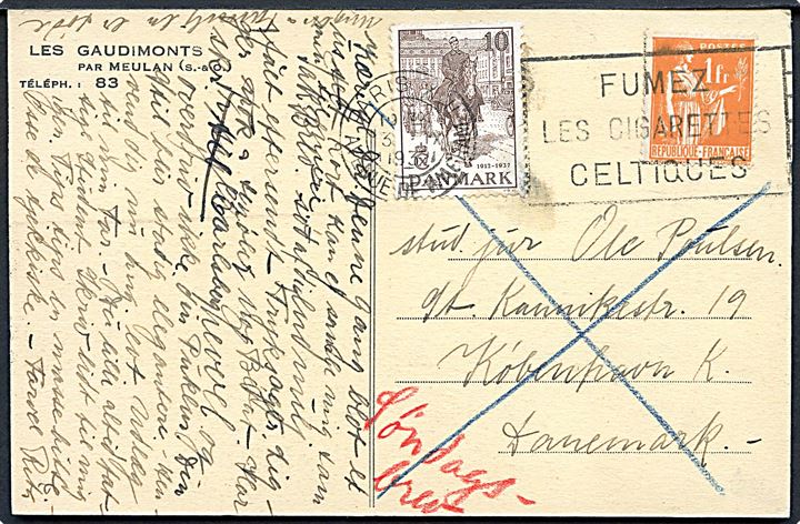 Fransk 1 fr. og dansk 10 øre Regentjubilæum på blandingsfrankeret søndagsbrevkort fra Paris d. 3.9.1937 til København, Danmark.