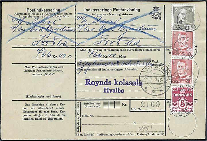 5 øre Bølgelinie, 20 øre Fr. IX (par) og 50 øre Chr. X på retur indkasserings-Postanvisning annulleret med udslebet stjernestempel KVALBÓ og sidestemplet Trangisvaag d. 25.11.1949.