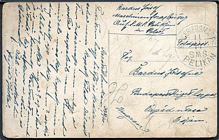 Ufrankeret feltpostkort (Der Heldenkampf der Zenta) stemplet K.U.K. Kriegsmarine S.M.S. Pelikan d. 11.11.1914 til Ungarn.