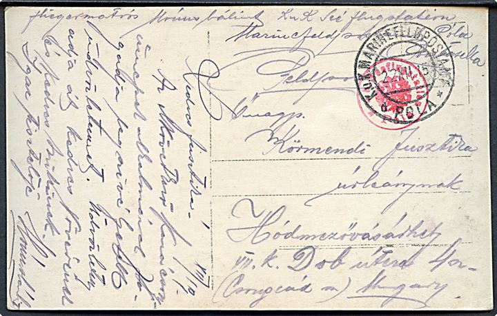 Ufrankeret marinefeltpostkort stemplet K.u.K. Marinefeldpostamt * Pola * d. 22.12.1915 til Ungarn. Rødt briefstempel fra K.u.K. Seefliegerstation Pola. 