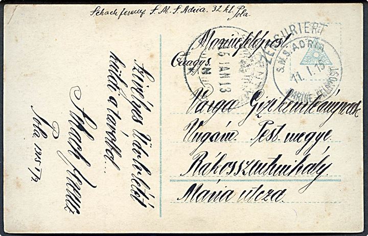 Ufrankeret marinefeltpostkort stemplet Zensuriert / S.M.S. Adria / Marine-Feldpost d. 11.1.1915 til Ungarn.