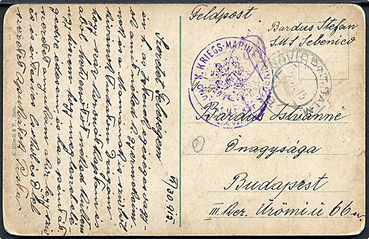 Ufrankeret feltpostkort (Zara) med svagt stempel 19115 til Budapest. Briefstempel: K. und K. Kriegs-Marine / S.M.Schiff Sebenico.