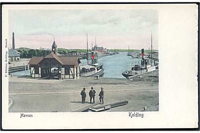 Kolding, havneparti med dampskibe. P. Blicher u/no. Skadet i højre side.