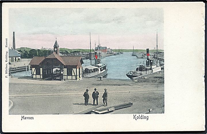 Kolding, havneparti med dampskibe. P. Blicher u/no. Skadet i højre side.