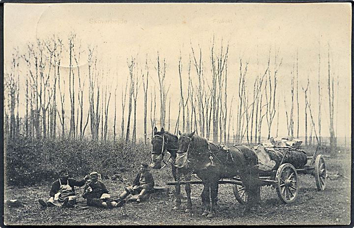 Skovarbejde, tømmer hentes med hestevogn. C. C. Biehl 1907. 