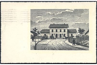 Lyngby, Jernbanestationen år 1864 efter stålstik. Stenders no. 65969.