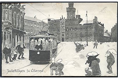 Odense, Nisser i Bybilledet i sporvogn på Flakhaven. Julehilsen fra Odense. Tegnet af Fritz Kraul. Stenders no. 27376.