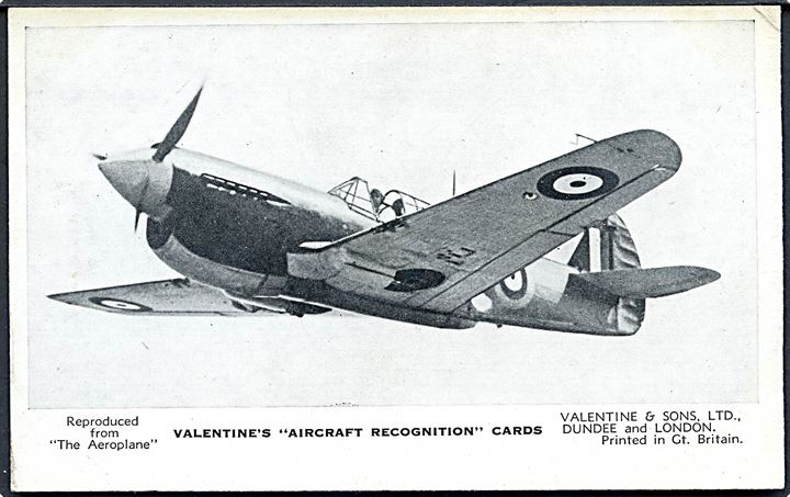 Curtiss Kittyhawk. Valentine's Aircraft Recognition card no. 21. Fjernkendingskort med beskrivelse på bagsiden. Ikke postkort.