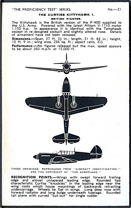 Curtiss Kittyhawk. Valentine's Aircraft Recognition card no. 21. Fjernkendingskort med beskrivelse på bagsiden. Ikke postkort.