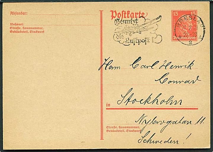 15 pfg. Kant helsagsbrevkort fra Breslau d. 21.2.1928 til Stockholm, Sverige.