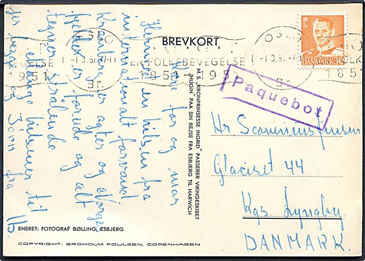 30 øre Fr. IX på brevkort (DFDS færgen M/S Kronprinsesse Ingrid og vikingeskibet Hugin) annulleret med norsk stempel i Oslo d. 1.9.1951 og sidestemplet Paquebot til Kgs. Lyngby, Danmark.