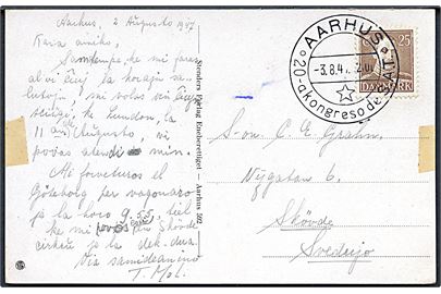 25 øre Chr. X på brevkort annulleret med særstempel Aarhus * 20-a kongreso de S.A.T. * d. 3.8.1947 til Skövde, Sverige. Tape rester.