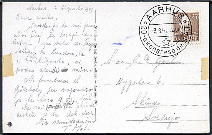 25 øre Chr. X på brevkort annulleret med særstempel Aarhus * 20-a kongreso de S.A.T. * d. 3.8.1947 til Skövde, Sverige. Tape rester.