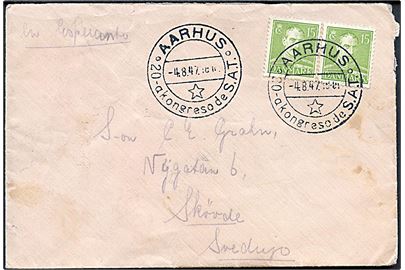 15 øre Chr. X (2) på brev annulleret med særstempel Aarhus * 20-a kongreso de S.A.T. * d. 4.8.1947 til Skövde, Sverige.