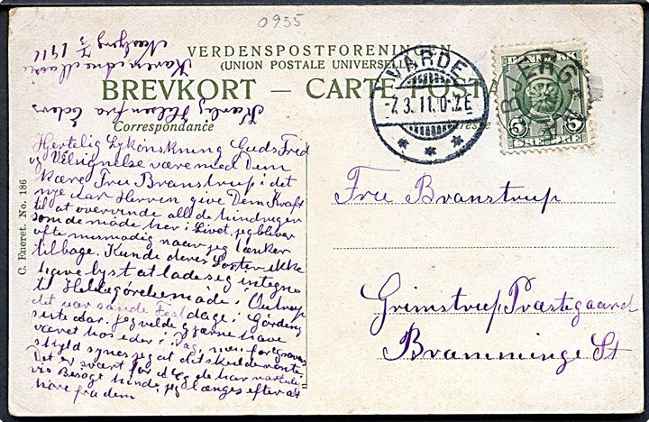 5 øre Fr. VIII på brevkort annulleret med stjernestempel NÆSBJERG og sidestemplet Varde d. 7.3.1911 til Bramminge.
