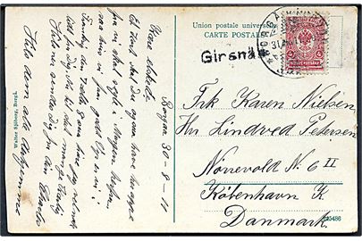Russisk 4 kop. Våben anvendt på brevkort fra Finland annulleret med 3-sproget stempel i Borgå d. 31.8.1911 og sidestemplet Girsnäs til København, Danmark.