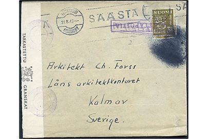 3½ mk. Løve på brev annulleret med feltpoststempel Kenttäposti Konttori No. 7 d. 31.8.1943 til Kalmar, Sverige. Sendt fra soldat ved KpK 7/8894 (13. raskas patteri = 13. tunge batteri). Åbnet af finsk censur.