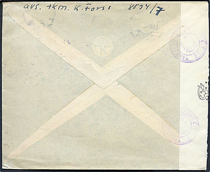 3½ mk. Løve på brev annulleret med feltpoststempel Kenttäposti Konttori No. 7 d. 31.8.1943 til Kalmar, Sverige. Sendt fra soldat ved KpK 7/8894 (13. raskas patteri = 13. tunge batteri). Åbnet af finsk censur.