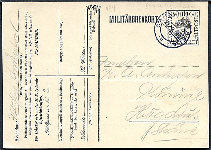 Militärbrevkort dateret Ernagård annulleret Gamla Uppsala d. 22.9.1932 til Höganäs. Sendt fra soldat ved fältpost Nr. H2. Manøvrefeltpost fra Stockholm og Uppsala Län.