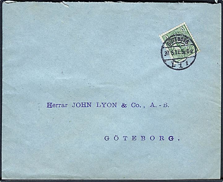5 öre Gustaf med perfin E.C. på firmakuvert fra Ekman & Co. sendt lokalt i Göteborg d. 30.8.1917.