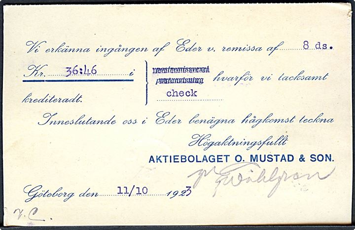 10 öre Løve med perfin O.M. på brevkort fra firma O. Mustad & Son i Göteborg d. 11.10.1928 til Orrefors.