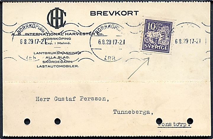 10 öre Løve med perfin CHI på brevkort fra A. B. International Harvester Co. i Norrköping d. 6.8.1929 til Jonstorp. 4 arkivhuller.