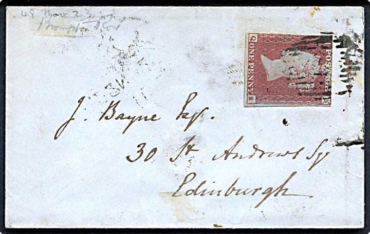 1d Victoria utakket på lille brev annulleret med svagt stempel til Edinburgh. På bagsiden liniestempel Brompton Road, samt både 22.11.1849 og 23.11.1849.