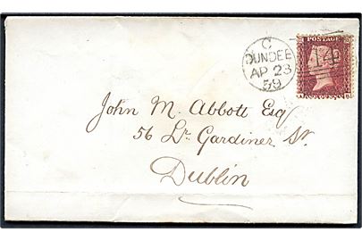 1d Victoria på brev annulleret med duplex Dundee/141 d. 23.4.1859 til Dublin, Irland. Ank.stemplet d. 24.4.1859.