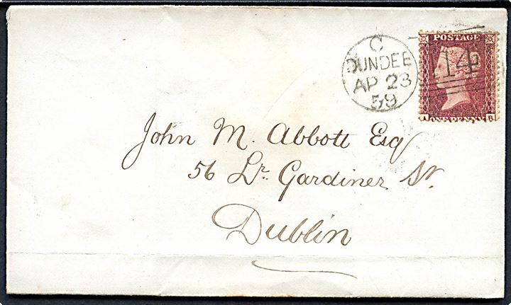 1d Victoria på brev annulleret med duplex Dundee/141 d. 23.4.1859 til Dublin, Irland. Ank.stemplet d. 24.4.1859.