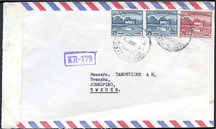 25 paisa (par) og 75 paisa på luftpostbrev fra Karrachi d. 11.1.1972 til Jönköping, Sverige. Åbnet af pakistansk censur med stempler KR-172, Opened by Censor og Pakistan Censorship 11.1.1972.