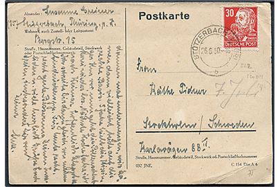 30 pfg. Engels single på brevkort fra Stotzerbach d. 26.6.1950 til Stockholm, Sverige.