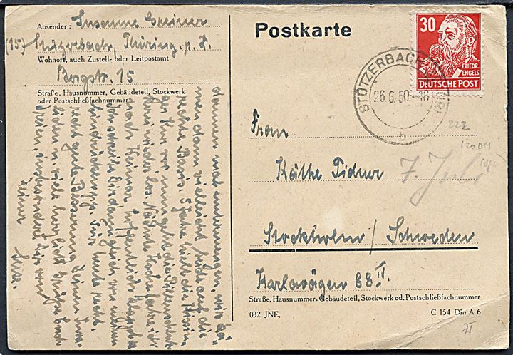 30 pfg. Engels single på brevkort fra Stotzerbach d. 26.6.1950 til Stockholm, Sverige.