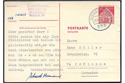 30 pfg. Berlin helsagsbrevkort fra Biedenkopf d. 22.6.1969 til Frölunda, Sverige.