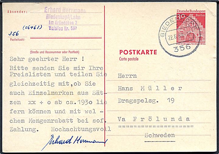 30 pfg. Berlin helsagsbrevkort fra Biedenkopf d. 22.6.1969 til Frölunda, Sverige.