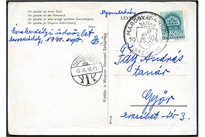 2 f. på brevkort (Gendannelse af Ungarn) annulleret med genforeningsstempel Marosvásárhely Visszatert og sidestemplet Marosvásárhely d. 16.9.1940 til Györ. Den rumænske by Târgu Mureș (ungarsk: Marosvásárhely) i Transsylvanien tilfaldt Ungarn i 1940.
