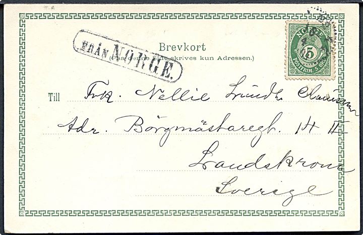 5 øre Posthorn på brevkort (Christiania, Holmenkollen) annulleret med svensk bureaustempel PKXP No. 44 (= Ed - Göteborg) d. 16.4.1904 og sidestemplet Från Norge til Landskrona, Sverige.