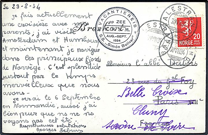 20 øre Løve på brevkort (Fjærland, Böyumsbræen) stemplet Balestrand d. 30.8.1934 og sidestemplet med hollandsk skibsstempel Vacantiereis op ZEE / K.N.S.M. / Aug.-Sept. 1934 / S.S. Simon Bolivar  til Paris, Frankrig.