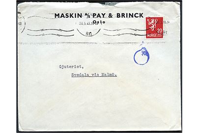 20 øre Løve på brev fra Oslo d. 30.5.1945 til Svedala, Sverige. Violet neutralt gummi stempel fra den norske efterkrigscensur.