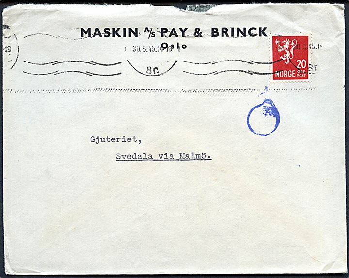 20 øre Løve på brev fra Oslo d. 30.5.1945 til Svedala, Sverige. Violet neutralt gummi stempel fra den norske efterkrigscensur.